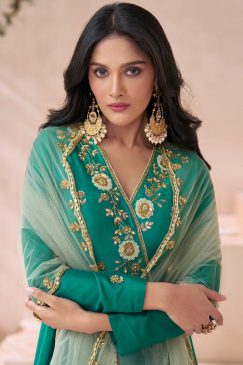 Alternative view of Green Silk Embroidered Anarkali Gown