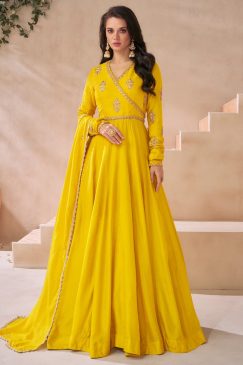 Yellow Silk Embroidered Anarkali Gown