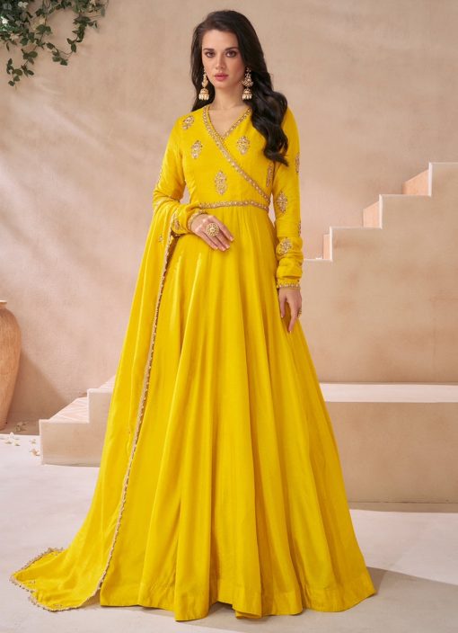 Yellow Silk Embroidered Anarkali Gown