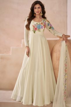 Off White Silk Embroidered Anarkali Gown