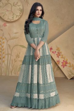 Turquoise Sequin Thread Anarkali Gown