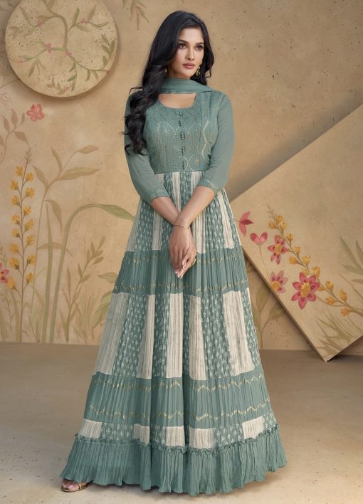 Turquoise Sequin Thread Anarkali Gown
