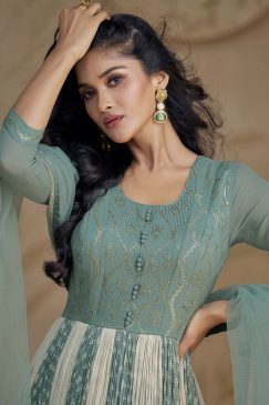 Alternative view of Turquoise Sequin Thread Anarkali Gown