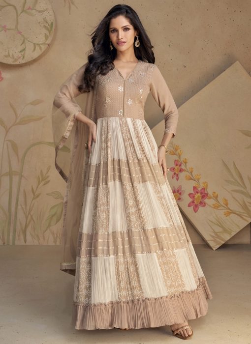 Beige Sequin Thread Anarkali Gown