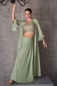 Sage Green Indo Western Palazzo Suit & Crop Top