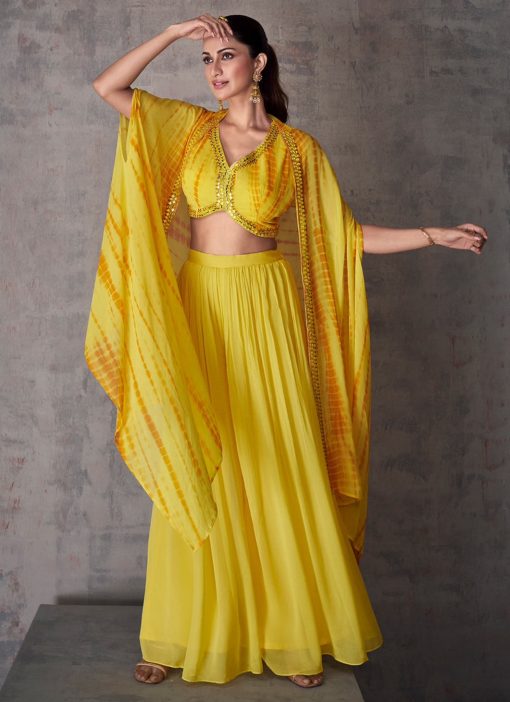 Yellow Indo Western Palazzo Suit & Crop Top