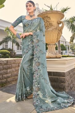 Sea green pure organza saree