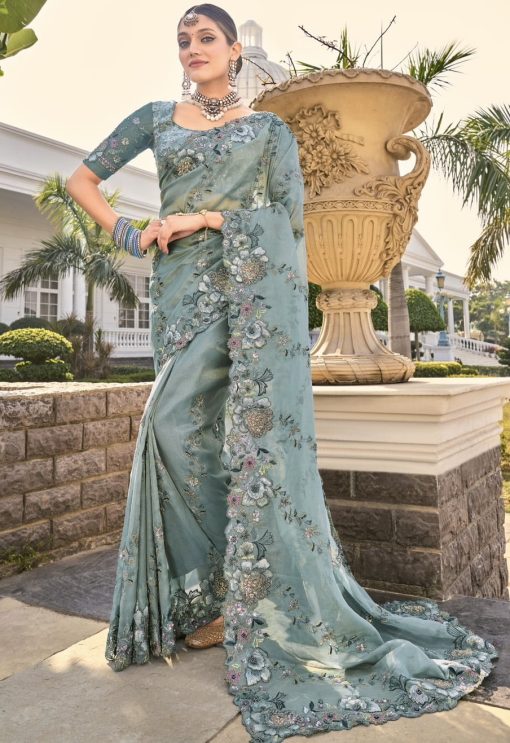 Sea green pure organza saree