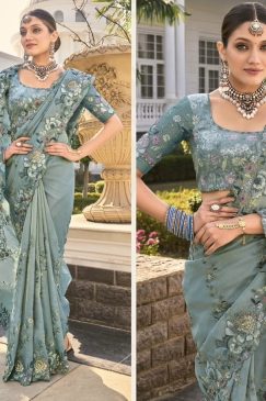 Alternative view of Sea green pure organza saree