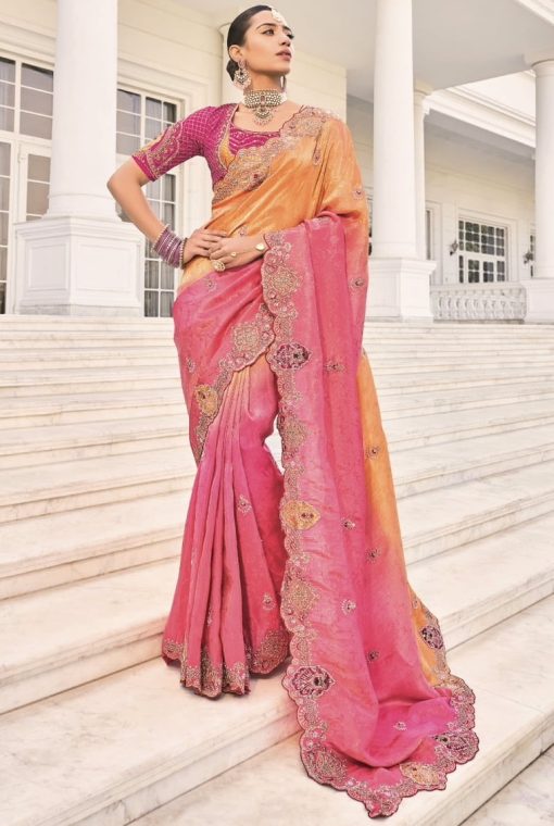 Orange To Rani Natural Crepe Jacquard Saree