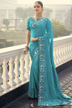 Firozi Pure Crepe Heavy Bridal Saree