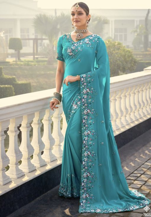 Firozi Pure Crepe Heavy Bridal Saree