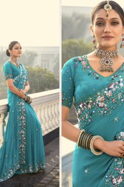 Alternative view of Firozi Pure Crepe Heavy Bridal Saree