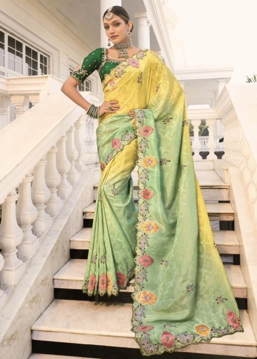Lemon to Green Natural Crepe Jacquard Heavy Bridal Saree