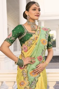 Alternative view of Lemon to Green Natural Crepe Jacquard Heavy Bridal Saree