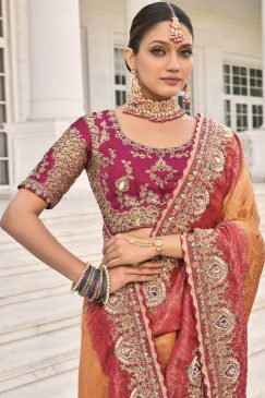 Alternative view of Peach Natural Crepe Jacquard Heavy Bridal Saree