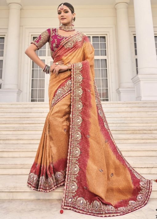 Peach Natural Crepe Jacquard Heavy Bridal Saree