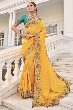 Yellow Crepe Heavy Bridal Saree