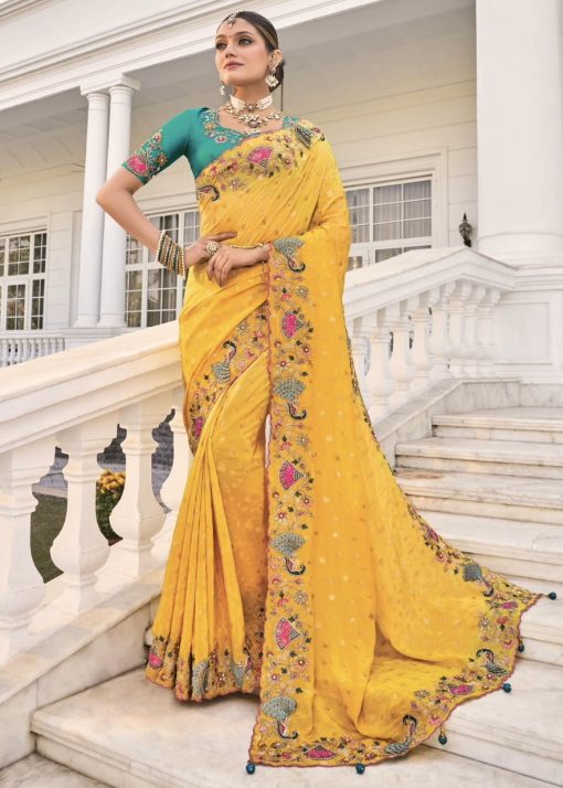 Yellow Crepe Heavy Bridal Saree