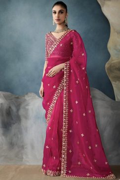 Pink Embroidered Tissue Wedding Saree