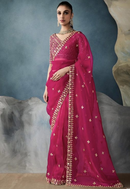 Pink Embroidered Tissue Wedding Saree
