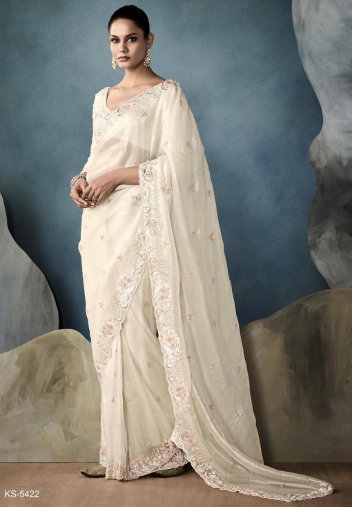 Off White Embroidered Tissue Wedding Saree