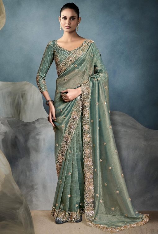 Sage Green Embroidered Tissue Wedding Saree
