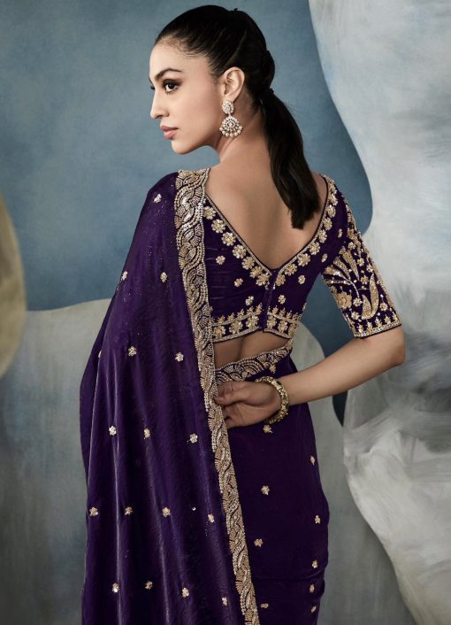 Metallic Purple Embroidered Laced Saree main image 0