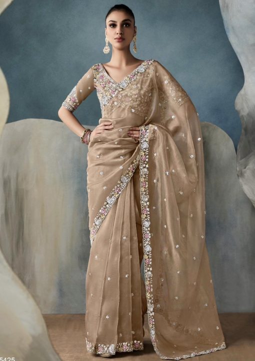 Beige Embroidered Tissue Wedding Saree