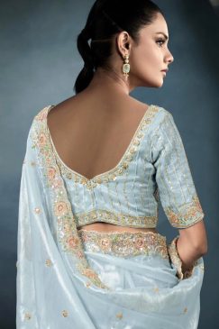 Alternative view of Powder Blue Embroidered Tissue Wedding Saree