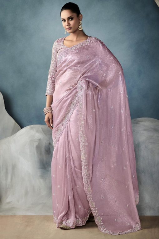 Light Pink Embroidered Tissue Wedding Saree
