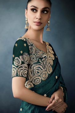 Alternative view of Teal Embroidered Tissue Wedding Saree