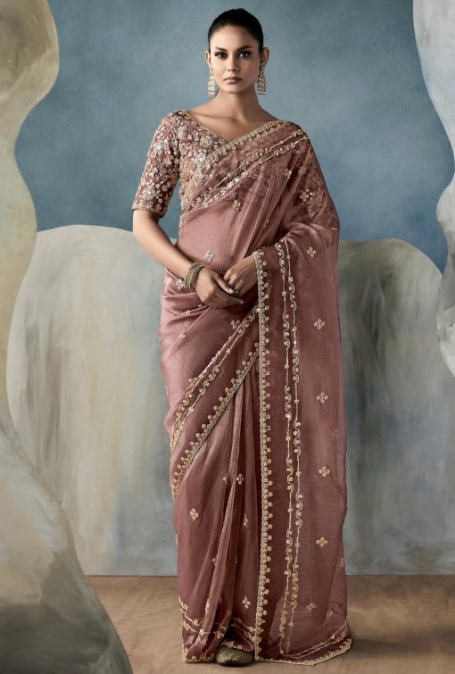 Mauve Embroidered Tissue Wedding Saree