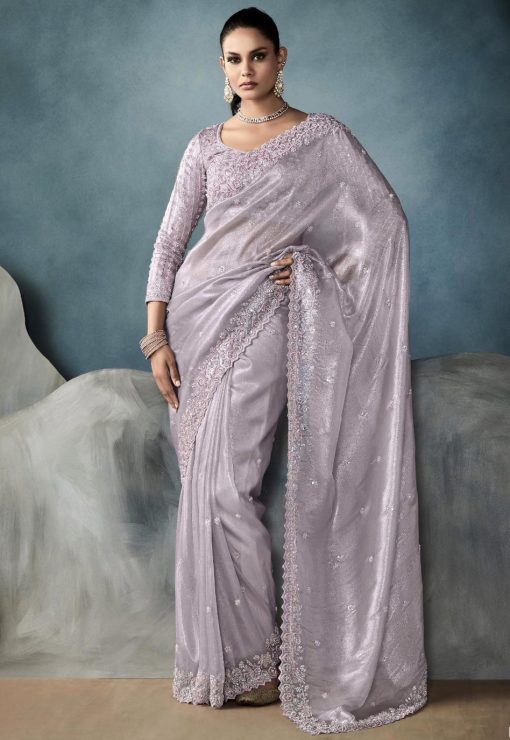 Lilac Embroidered Tissue Wedding Saree