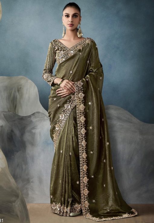 Army Green Embroidered Tissue Wedding Saree