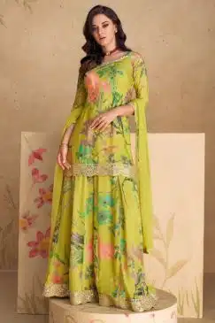 Lime Green Chinon Floral Print Sharara Suit