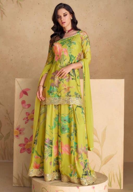 Lime Green Chinon Floral Print Sharara Suit