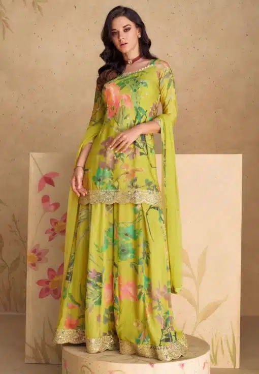 Lime Green Chinon Floral Print Sharara Suit