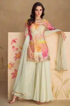 Mint Green Chinon Floral Print Sharara Suit