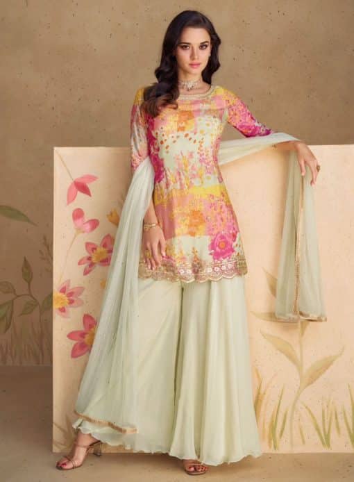 Mint Green Chinon Floral Print Sharara Suit