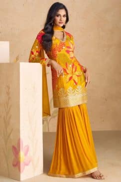 Orange Chinon Floral Print Sharara Suit