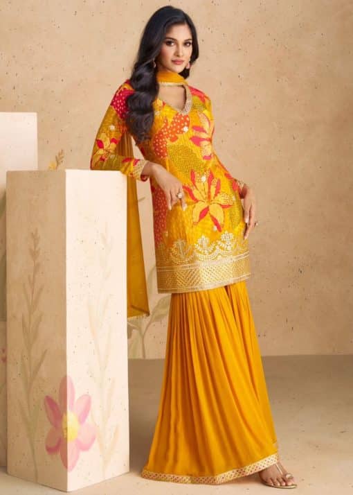 Orange Chinon Floral Print Sharara Suit