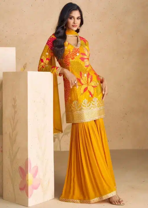Orange Chinon Floral Print Sharara Suit
