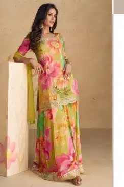 Multicolour Chinon Floral Print Sharara Suit