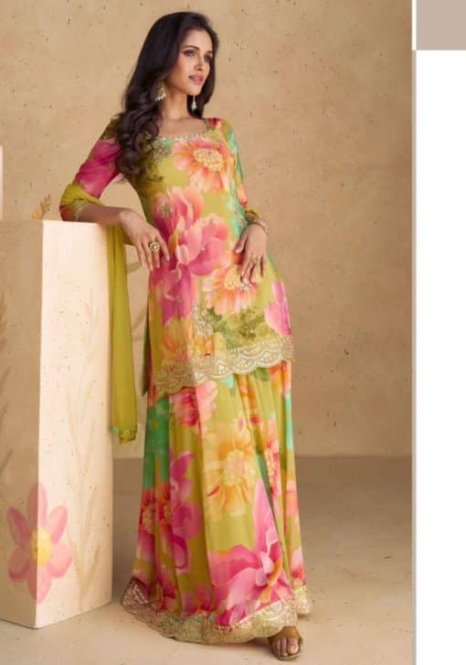 Multicolour Chinon Floral Print Sharara Suit