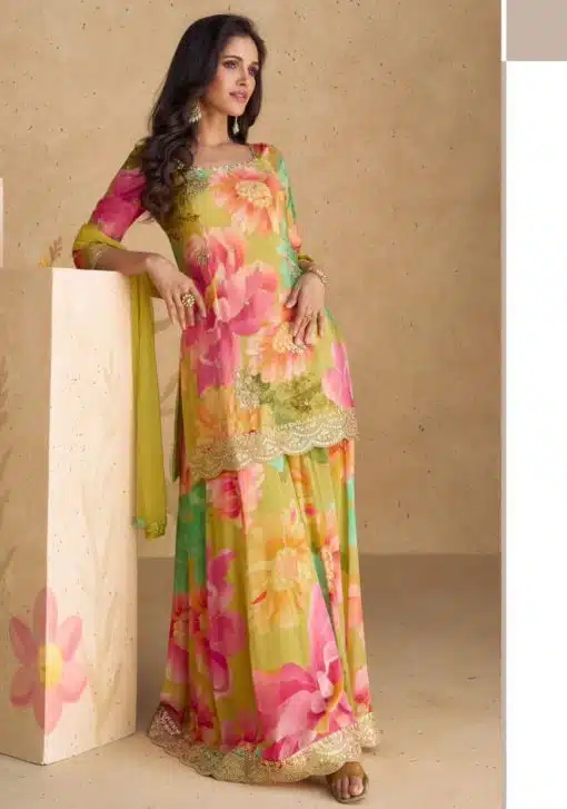 Multicolour Chinon Floral Print Sharara Suit