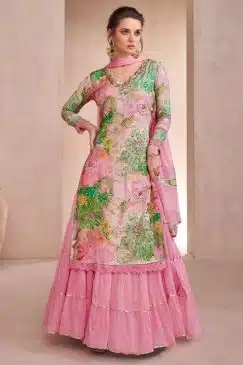 Pink Floral Long Choli Lehenga Suit