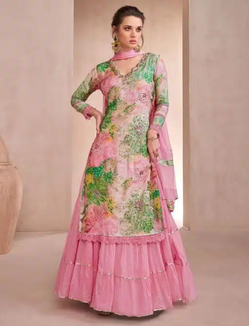 Pink Floral Long Choli Lehenga Suit