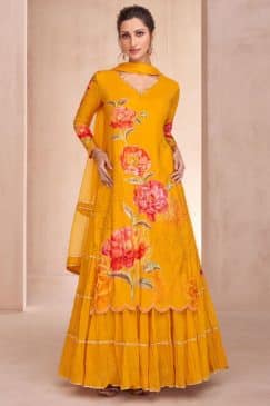 Mustard Floral Long Choli Lehenga Suit