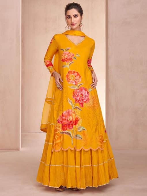 Mustard Floral Long Choli Lehenga Suit